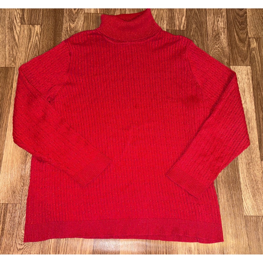 Charter Club Woman Red Silk Blend‎ Metallic Ribbed Turtleneck Sweater 3X